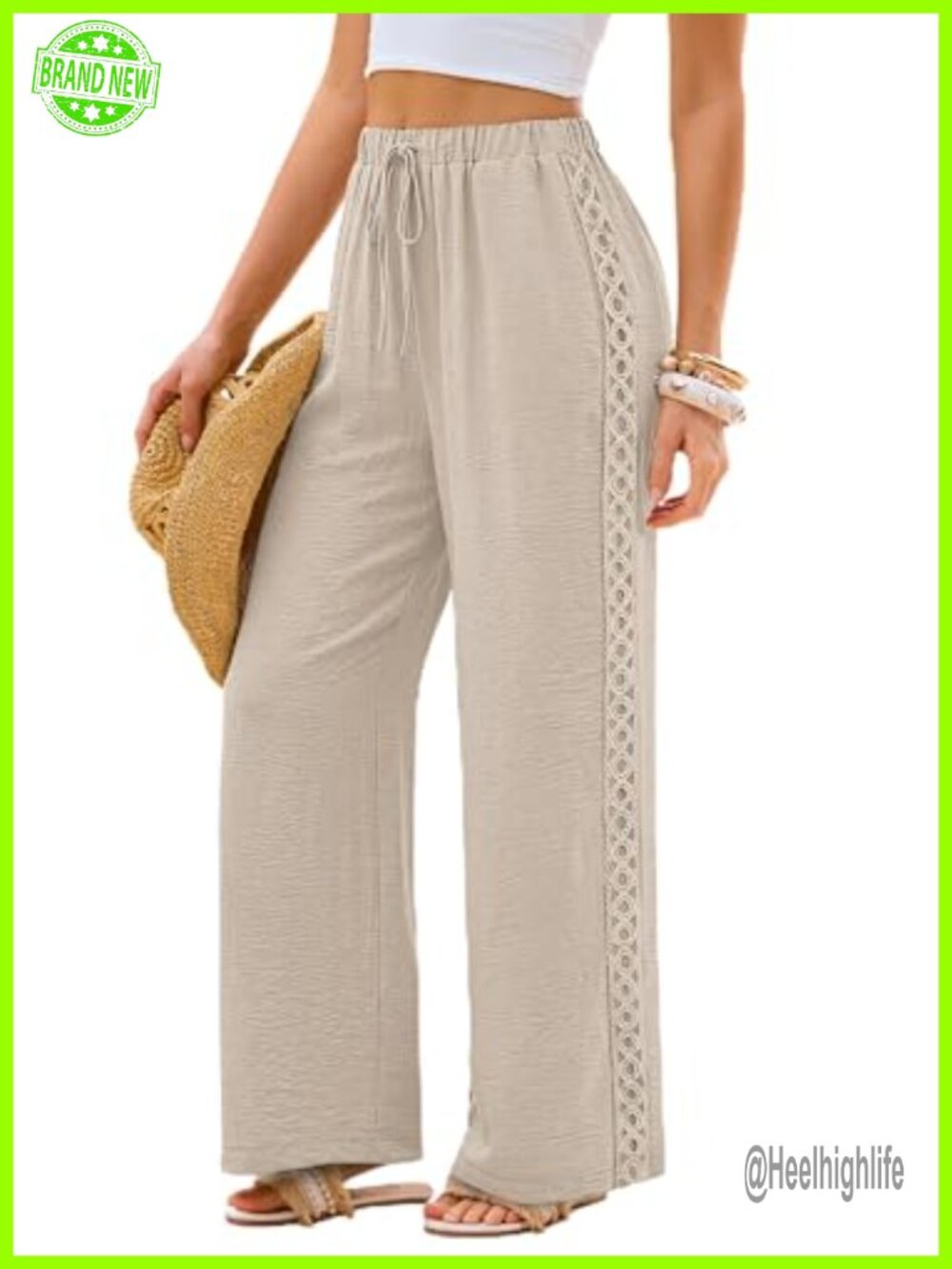 Wide Leg Palazzo Pants Lace Elastic Waist Pockets Summer
